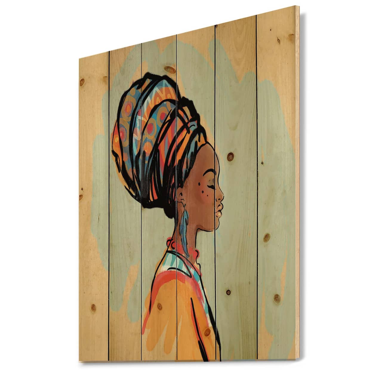 Designart - Portrait of Afro American Woman With Turban III - Modern Print on Natural Pine Wood
